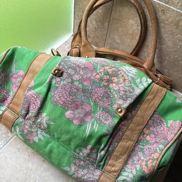 Anthropologie Lucky Penny Shoulder Bag Overnight Tote Satchel Floral Leather - Picture 8 of 16